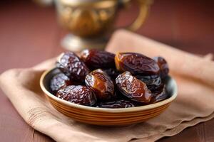 brown tasty dates inside plate on the wooden desk selective focus photo