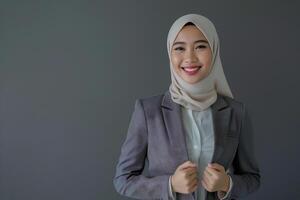 young muslim businesswoman with positive expression smiling in isolated studio background photo