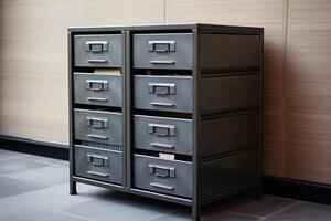 AI generated File cabinet, office archive storage with drawers for documents, paper data, library or registry cards. Metal cabinet for paperwork organization photo