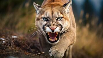 ai generado rugido Puma o montaña león caza sus presa foto