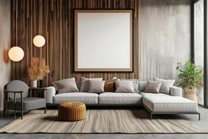 AI generated Empty frame mockup on wall in modern living room with sofa. Interior design mock-up artwork template photo