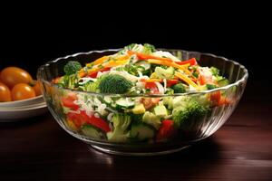 AI generated Mixed vegetable salad in clear glass bowl. photo