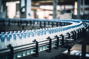 AI generated Process of beverage manufacturing on a conveyor belt at a factory. photo