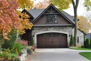 AI generated Garage door with a driveway in front. photo