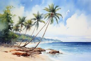 AI generated Watercolor painting of palm trees, palm tree on the beach with sea. photo