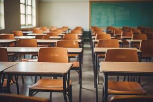 AI generated Empty classroom. Back to school concept in high school. Vintage wooden chairs and desks. Studying lessons in secondary education. photo