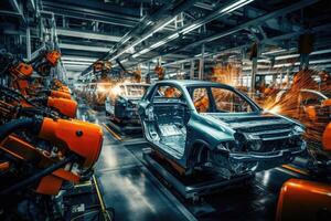 AI generated Modern car manufacturing factory, automobile assembly line, automotive industry. photo