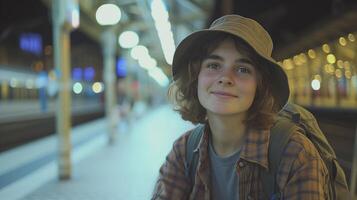 AI generated a young woman in a train station wears brown checkered shirt and backpack photo