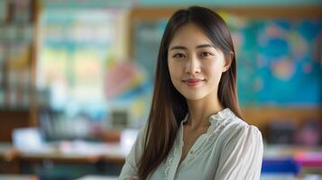 AI generated a beautiful young school teacher standing in the classroom photo