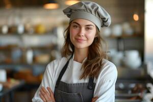 ai generado joven hembra cocinero con brazos cruzado en pie en restaurante cocina y sonriente foto