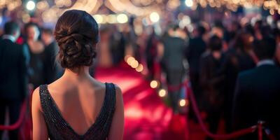 AI generated a lady attending a event with a red carpet and a crowd in the background photo