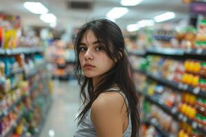 ai generado un hermosa joven dama dentro tienda de comestibles Tienda foto