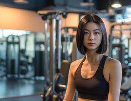AI generated a lady working out in a gym with focused determination photo