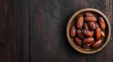 AI generated dates in the plate on top wooden table and black background photo