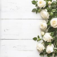 AI generated A bouquet of white roses on white wooden background photo