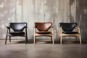 AI generated Classic scandinavian mid century modern wood and leather chairs. Retro furniture photo