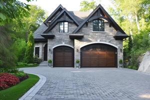 AI generated Garage door with a driveway in front. photo