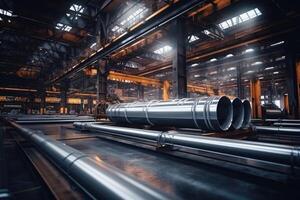 AI generated Steel pipes inside the factory or warehouse. Industrial production photo