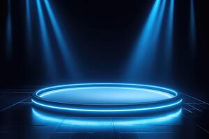 AI generated Empty stage of the theater, lit by spotlights before the performance. Blue round podium on bark background photo