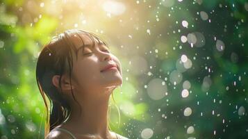 AI generated Beautiful Asian woman is happy in the rain photo