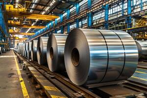 AI generated Rolls of galvanized steel sheet inside the factory or warehouse. Industrial production photo