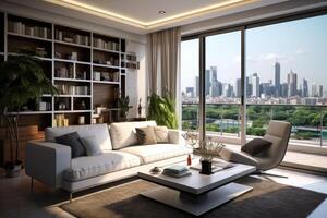 AI generated Design living room and balcony terrace with background of urban city photo