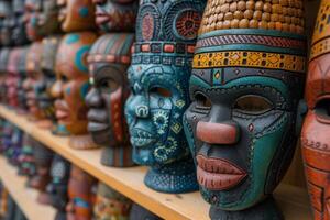 AI generated Ethnic masks on a shelf in a store photo