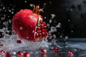 AI generated Pomegranate fruit with scattering grains on a dark background in splashes of water photo