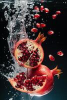 AI generated two pomegranates falling into water on a dark background with scattering grains photo