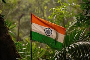 ai generado indio bandera ondulación en selva foto
