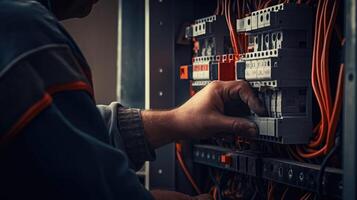 AI generated Close up detail of an electrician hands working with wires and fuse switch box. photo