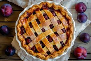 AI generated Homemade plum pie. Autumn plum pie. photo