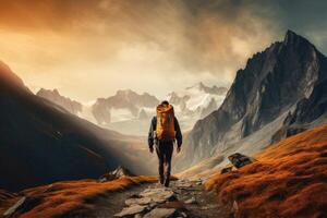 AI generated Hiker walking to mountains. photo