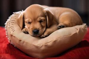 AI generated Puppy sleeping on the heart shaped pillow photo