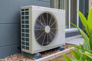 AI generated Air source heat pump installed in residential building. photo