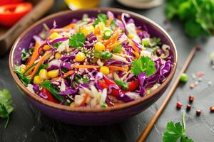 AI generated Cabbage salad with sweet corn in a bowl. photo