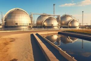 ai generado moderno aguas residuales tratamiento planta de químico fábrica. agua purificación tanques foto