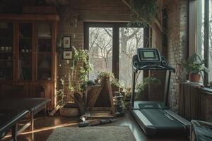 AI generated Home workout fitness corner, treadmill in a cozy setting. photo