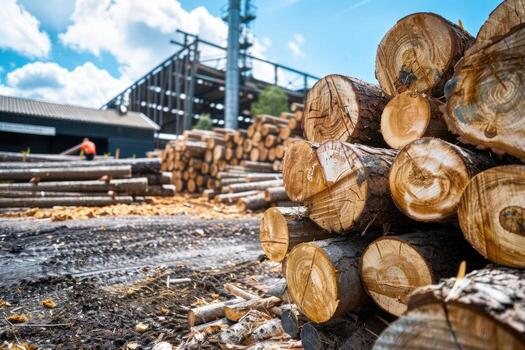 AI generated Large pile of logs in a wood processing plant photo
