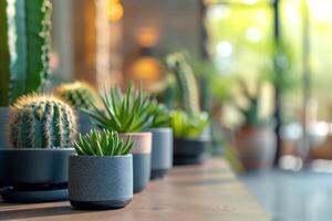 ai generado un cuidadosamente curado arreglo de en conserva cactus en un moderno y minimalista interior espacio foto