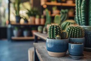 ai generado un cuidadosamente curado arreglo de en conserva cactus en un moderno y minimalista interior espacio foto