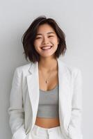 AI generated a confident young lady wearing white blazer smiling lively in isolated plain studio background photo