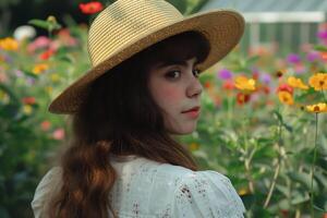 ai generado un mujer vistiendo Paja sombrero en flor jardín foto