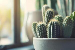 ai generado un cuidadosamente curado arreglo de en conserva cactus en un moderno y minimalista interior espacio foto