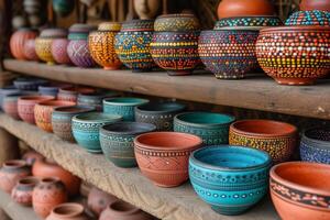 AI generated Ethnic dishes and bowls on a shelf in a store photo