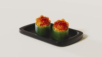 3d rolled sushi of salmon roe nigiri on rotating tray, japanese food isolated concept, 3d render illustration video