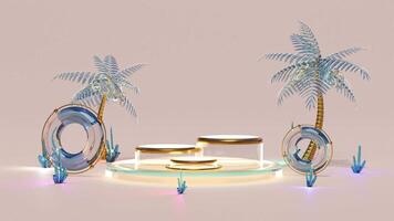 podium empty with quartz stone crystals, coconut tree, lifebuoy in pink composition for modern stage display, abstract showcase background. Concept 3d illustration render video