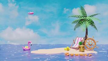 3d summer travel concept with helm, stern wheel, palm tree, seaside, pineapple, yellow duck, sunglasses, beach isolated on blue sky background. 3d render illustration video