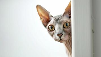 AI generated Sphynx Cat peeking around corner 3 photo