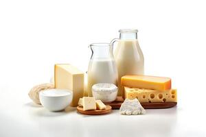 AI generated Assortment of different cheese and milk types on wooden background. photo